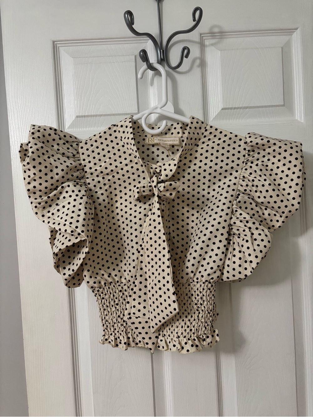 Polka Dot Ruffle Tie-Front Crop Top - Cream with Black Dots